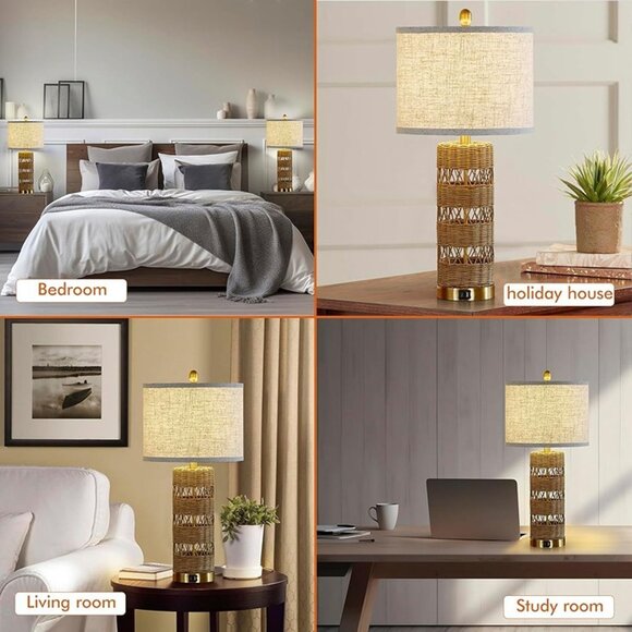 NEW Set of 2  Rattan Decorative 28" Table Lamps with E26 Socket&Rotary Switch, - Picture 6 of 9